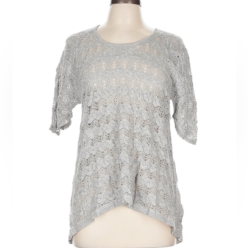 Anthropologie Knitted and Knotted artisanal inspired lace knit top, large, gray